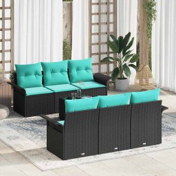 Set de canapele pentru gradina cu perna 7 pcs Negru si Turcoaz GartenMobel Dekor