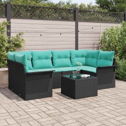 Set de canapele pentru gradina 7 pcs Negru si Turcoaz poliratan GartenMobel Dekor