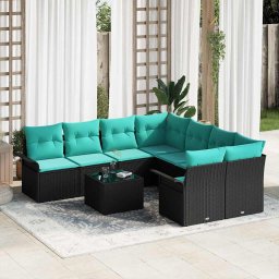 Set de canapele pentru gradina 9 pcs Negru si Turcoaz poliratan GartenMobel Dekor