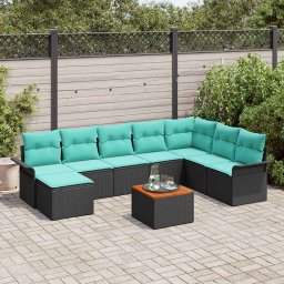 Set de canapele pentru gradina 9 pcs Negru si Turcoaz poliratan GartenMobel Dekor