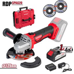 Polizor unghiular cu acumulator 125 mm, 4Ah, 2 discuri si cutie Raider Pro