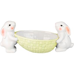 Decor ceramic cu iepurasi si bol pentru oua, alb, 12x26,5x11 cm