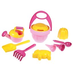 Set jucarii nisip Lena 05421, 10 piese, galeata, lopata, grebla, forme, Roz, Galben