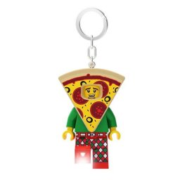 Breloc de chei LEGO Pizza, cu lanterna LED, minifigurina Pizza Costume Guy, baterii incluse