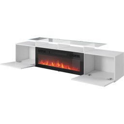 Comoda Cama Meble TV Rova cu semineu electric, 190x37x48, MDF-PAL, Alb lucios