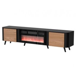 Comoda Cama Meble RTV Volare, 200x39x49 cm, PAL-MDF, cu semineu electric, Negru-Nuc