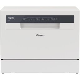 Masina de spalat vase compacta Candy Rapido CP 6E51LW, 6 seturi, 5 programe, Clasa E, Pornire intarziata, Program scurt 35', 55 cm, Alb