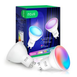 Pachet 2 becuri LED RGB inteligente Nous P8, Wi-Fi, GU10, 4.5W, 350 lm, lumina alba si colorata (2700-6500K), control din aplicatie, compatibil Google Home/Amazon Alexa , clasa energetica F