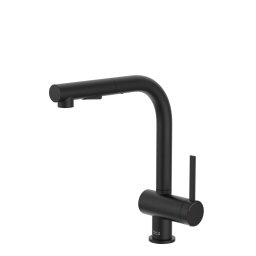 Baterie sanitara bucatarie Roca, Gama Ona, pipa inalta, tip L, monocomanda, pivotanta, dus extractabil, 2 functii, negru