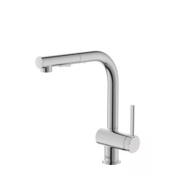 Baterie sanitara bucatarie Roca, Gama Ona, pipa inalta, tip L, monocomanda, pivotanta, dus extractabil, 2 functii, crom mat