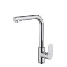 Baterie sanitara bucatarie Roca, Gama Cala, pipa inalta, tip L, monocomanda, pivotanta, dus extractabil, 2 functii, crom