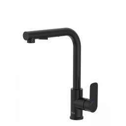 Baterie sanitara bucatarie Roca, Gama Cala, pipa inalta, tip L, monocomanda, pivotanta, dus extractabil, 2 functii, negru