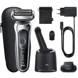 Aparat de ras electric Braun Series 7 71-S7200cc Wet&Dry, 4 elemente de taiere, SensoFlex, AutoSense, Statie de incarcare si curatare Smart Care, Trusa de voiaj, Argintiu