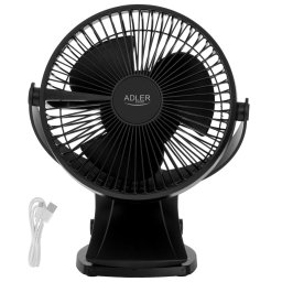 Ventilator de birou cu clema, Adler AD 7342, Reincarcabil, 15,5 cm, Rotatie la 360°, USB-C, 5 W, 3 Trepte de viteza, Negru
