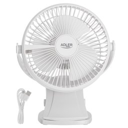 Ventilator de birou cu clema, reincarcabil Adler AD 7342, diametru alice 15,5 cm, rotatie 360°, USB-C, 5 W, 3 trepte de viteza, Alb