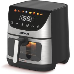 Friteuza cu aer cald Daewoo DAF1600IX, 1600 W, display LED, capacitate 6.5 litri, 60 minute utilizare continua, 8 programe predefinite, temperatura reglabila 80-200 grade Celsius, finisaje inox, Negru