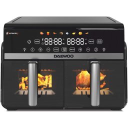 Friteuza dubla cu aer cald Daewoo DAF2X1100LRB, 2x1100 W, display LCD, capacitate 10 L( 5+ 5), functionare max. 120 minute, 8 programe predefinite, temperatura reglabila 80-200 grade, Negru