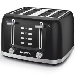 Prajitor de paine Daewoo DBT4160B, putere 1600 W, capacitate 4 felii, tavita de firimituri, functii: waffles, reincalzire, decongelare, anulare, control electronic rumenire, carcasa inox, Negru
