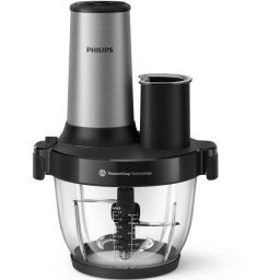 Tocator Philips HR1504/00, seria 5000, 3-1, 650 W, tehnologie PowerChop, 4 lame, capacitate bol 2l, 4 viteze, material exterior metal, material bol plastic, accesorii lama de feliare, lama de razuit si lama S, Argintiu
