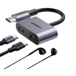 ADAPTOR Incarcare si audio Ugreen, "CM232", 1 x USB Type-C(T) la 2 x USB Type-C(M), lungime cablu 15 cm, gri