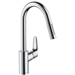 Baterie bucatarie Hansgrohe gama Focus 240, cu dus extractibil, otel inoxidabil