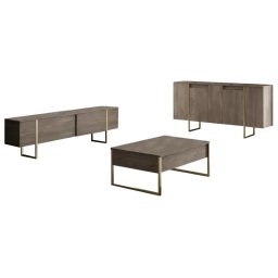 Forme XL set 3 piese living, comoda TV 180cm, masuta cafea 90cm, comoda 160cm, PAL 18mm, picioare metal, nuc si auriu - Verificat A · Re-Bloom