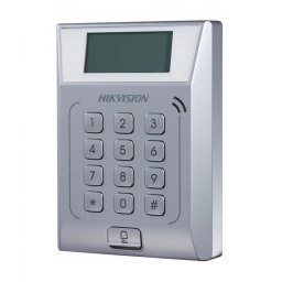 Cititor standalone cu tastatura si card proximitate Hkvision DS-K1T802M, suporta cartele MIFAE, capacitate 3000 carduri si 10000 evenimente, autentificare: card, card si parola,display 128x64, Exit Button × 1, Door Sensor × 1, Doorbell × 1, E-lock