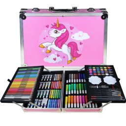 Set 145 piese pentru pictura, pentru copii sau adulti, pixuri de colorat, creioane colorate si vopsele de pictura, cu geanta de transport ROZ UNICORN, model AVX-WT-MONETE145 FAVLine Selection