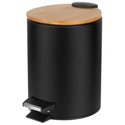 Cos de baie Teesa 3L cu pedala, metal negru mat si capac din bambus