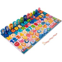 Jucarie Montessori 6 în 1 din lemn Leziter, puzzle litere-cifre cu pescuit magnetic