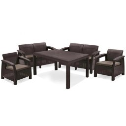 Set mobilier gradina Curver Corfu Fiesta maro, 2 canapele, 2 fotolii, masa, perne taupe