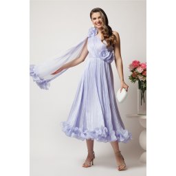 Rochie midi lila din voal satinat cu volanase la baza si flori in talie si pe umar