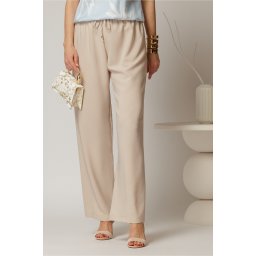 Pantaloni bej cu elastic si snur in talie si croi lejer