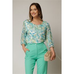 Bluza eleganta din viscoza cu imprimeu verde si turcoaz si croi lejer