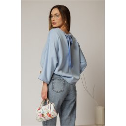 Bluza casual din jerse bleu cu funda la spate