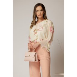Bluza ivoar cu imprimeuri florale roz si volanas la decolteu