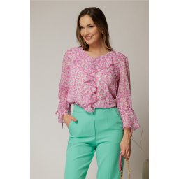 Bluza roz cu imprimeuri florale fucsia si volanas la decolteu