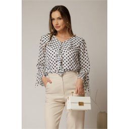 Bluza alba cu buline bleumarin si volanas la decolteu