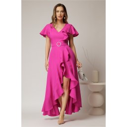 Rochie lunga de ocazie din stofa magenta cu volane si cordon in talie