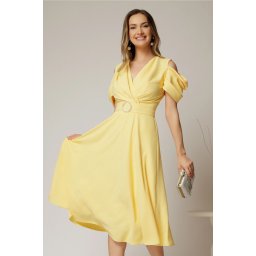 Rochie midi galbena din voal in clos cu decupaje la umeri si cordon in talie
