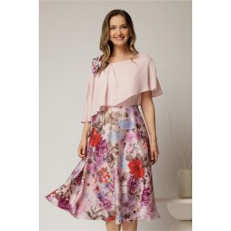 Rochie midi roz de ocazie cu imprimeuri florale pe fusta