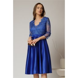 Rochie Inna midi albastra din tafta in clos cu dantela la bust