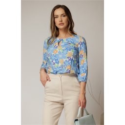 Bluza din viscoza bleu cu imprimeu oranj