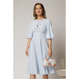 Rochie DY Fashion midi bleu cu maneci evazate si funde pe bust