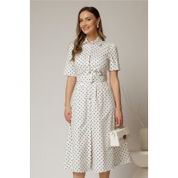 Rochie DY Fashion alba cu buline tip camasa si curea in talie