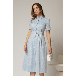 Rochie DY Fashion bleu cu buline tip camasa si curea in talie