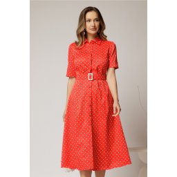 Rochie DY Fashion rosie cu buline tip camasa si curea in talie