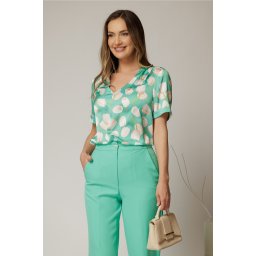 Bluza dama verde cu imprimeu lalele si maneci scurte
