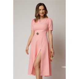 Rochie DY Fashion roz somon midi cu detaliu talie si decupaj la decolteu