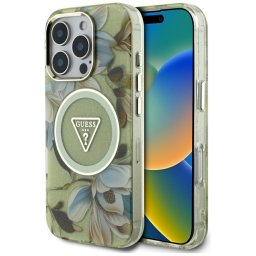 Husa Husa pentru iPhone 16 Pro Max - Guess IML Metal Glitter Flowers Triangle MagSafe (GUHMP16XHFLPEDN) - Green